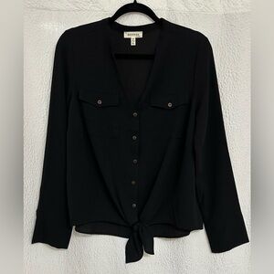 Monteau Los Angeles Black Tie Front Blouse XL Button Front Long Sleeve